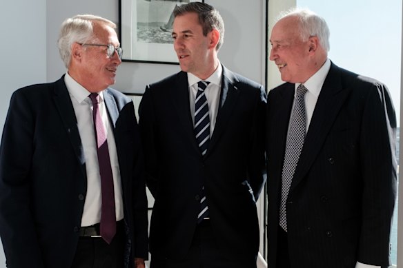 Treasurer trove … Jim Chalmers with his former boss Wayne Swan and political idol Paul Keating.