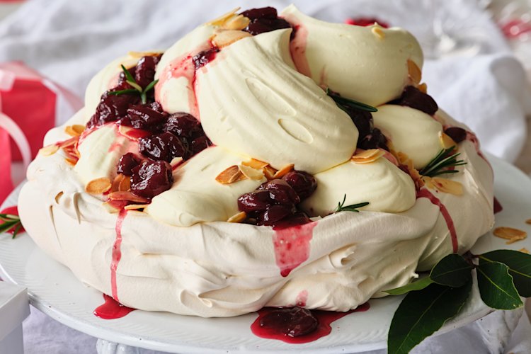 Helen Goh’s cherry pavlova with yoghurt noyaux cream.