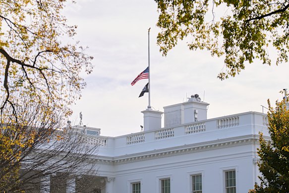 The US flag flying at half-mast at the White House after the death of former vice president Dick Cheney.