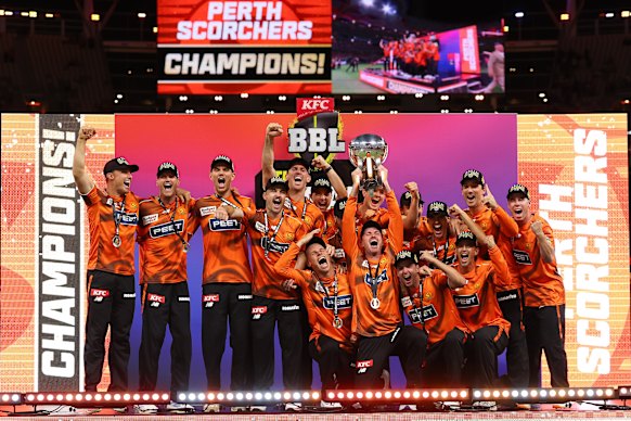 The Perth Scorchers celebrate winning the BBL title in January.