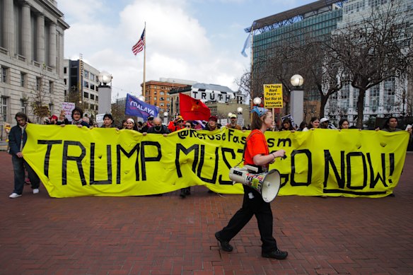 Protesters gather outside the UN Plaza in San Francisco after Venezuelan President Nicolás Maduro’s ouster. 