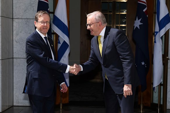 Israeli President Isaac Herzog with Prime Minister Anthony Albanese at Parliament House on Wednesday.