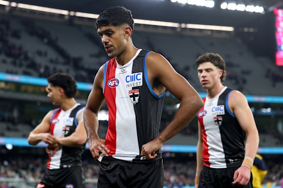 Nasiah Wanganeen-Milera of the Saints looks dejected after their round nine loss against the Blues.