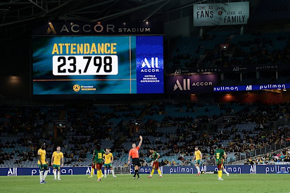 Just 23,798 fans watched the Socceroos face Cameroon in Sydney on Friday night, their second-last game on home soil before the World Cup.