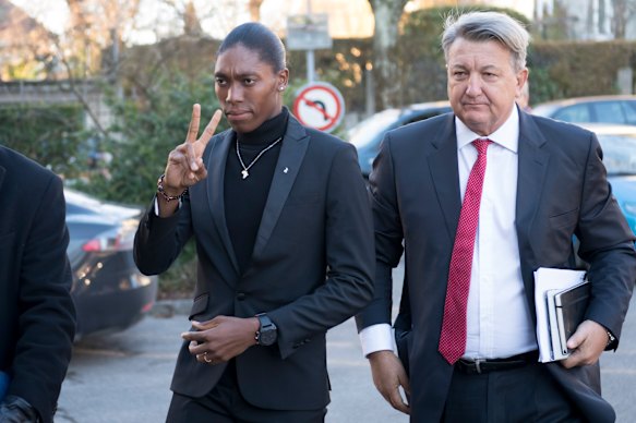 Caster Semenya and her lawyer Gregory Nott, arrive at a Court of Arbitration for Sport hearing.