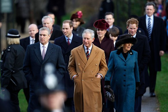 Andrew walks with then Prince Charles  and other members of the royal family to attend a Christmas service at St Mary’s church on the grounds of Sandringham Estate in 2011.