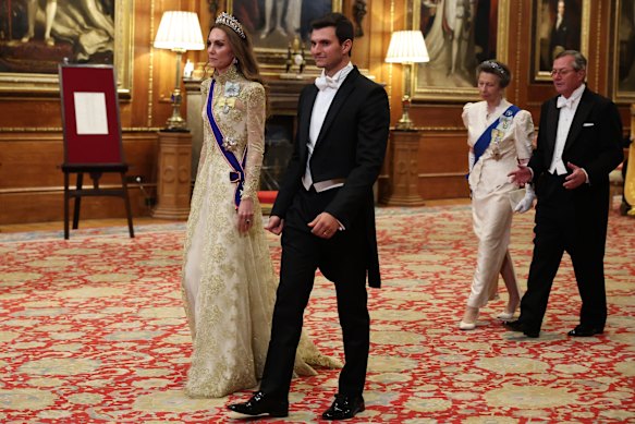 Catherine sparkled in a gold Phillipa Lepley gown at the state dinner for US President Donald Trump.