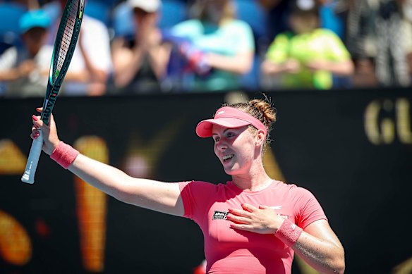  Talia Gibson thanks the crowd after her straight-sets victory over Anna Blinkova.