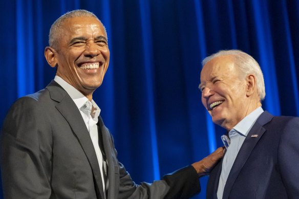 Barack Obama (left) has travel  retired  supporting Joe Biden aft  his disastrous statement   performance. 
