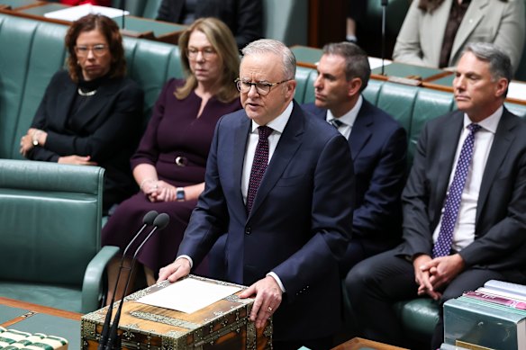 Prime Minister Anthony Albanese gives a speech on the Bondi attack on Monday.