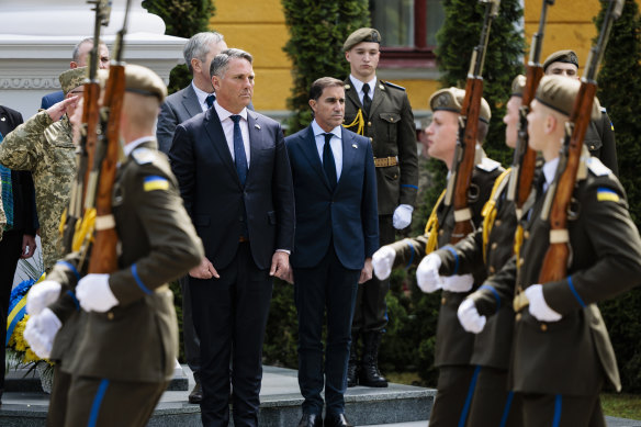 Defence Minister Richard Marles and Lieutenant General Simon Stuart, the Chief of Australian Army, astatine  a ceremonial  for fallen Ukrainian soldiers successful  Lviv connected  Saturday. 
