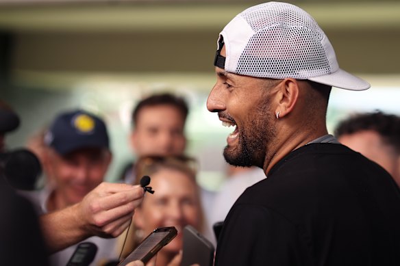 Nick Kyrgios laughing with reporters at the Kooyong Classic as he prepares for the Australian Open.