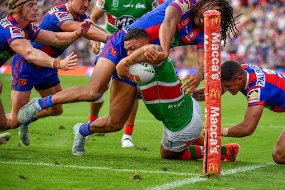 Latrell Mitchell is denied the late match-winner in Newcastle on Sunday.