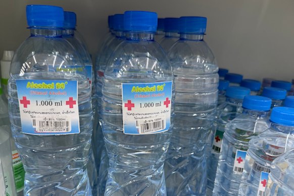 The 90 per cent alcohol on sale at a pharmacy in Vientiane.
