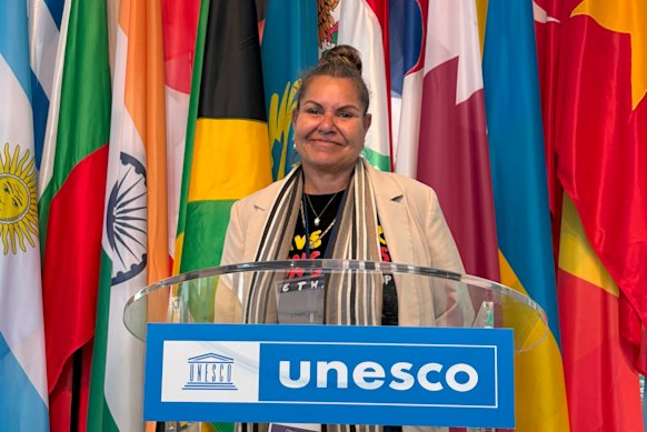 Save our Songlines convenor Raelene Cooper at the UNESCO World Heritage Committee 47th session in Paris.