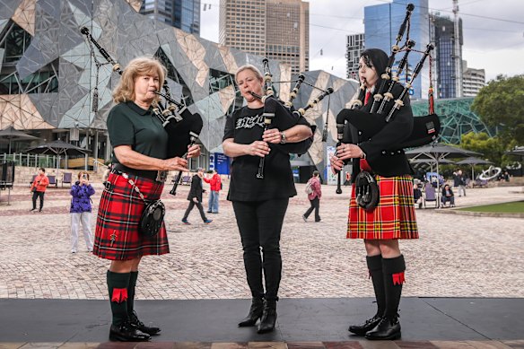 Deborah Clarke, Jody Steele and Jasmine Hofen will be among the hundreds trying to set a new world record for bagpipe ensemble.