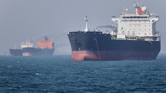 Oil tankers sit at anchor offshore in the Strait of Hormuz off Bandar Abbas in Iran on Saturday.