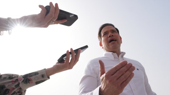 US Secretary of State Marco Rubio speaks to the journalists before boarding his plane at Indira Gandhi International Airport in New Delhi, India, on Monday.