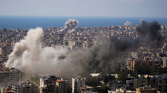 Smoke rises following several Israeli airstrikes in Beirut on Wednesday.