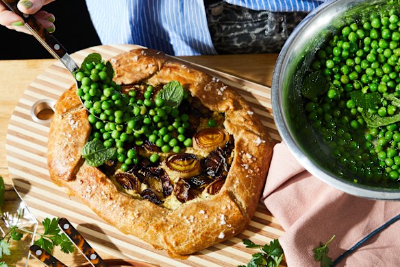Springtime pea galette with herby goat’s cheese.