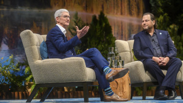Tim Cook and Marc Benioff at Salesforce's Dreamforce conference in San Francisco.