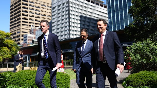  Premier Chris Minns, Treasurer Daniel Mookhey and Planning Minister Paul Scully after yesterday’s press conference where they announced the overhaul of NSW’s planning laws.