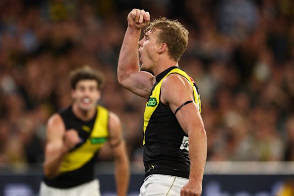 Tom Lynch celebrates his second goal.