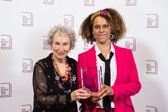 Margaret Atwood (left) and Bernardine Evaristo celebrate their joint Booker Prize win in 2019.