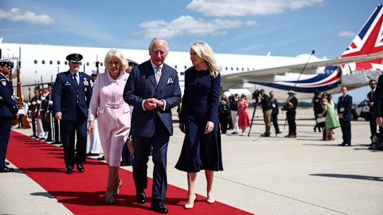 King Charles III and Queen Camilla after their plane landed at Joint Base Andrews for a four-day US state visit.