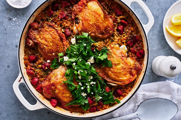 A one pan wonder full of vegetables, protein and rice.