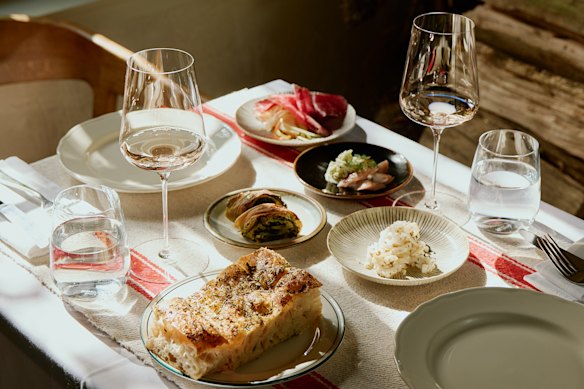 Lunch begins with a bracket of snacks.