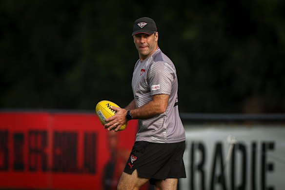 Assistant coach Dean Solomon oversees Essendon training on Tuesday morning. He is the most likely person to become the club’s caretaker coach.