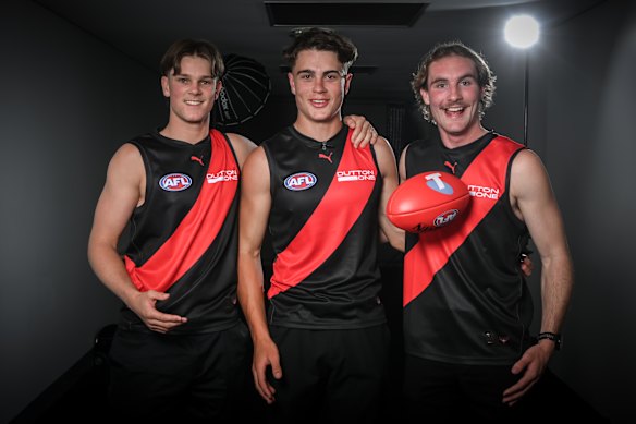 Drever could join Essendon’s top draftees from last year: (from left) Jacob Farrow, Sullivan Robey and Dyson Sharp.