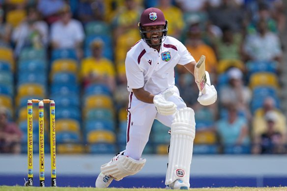 West Indies’ Shai Hope bats against Australia on day two of the first cricket Test match at Kensington Stadium in Bridgetown. 