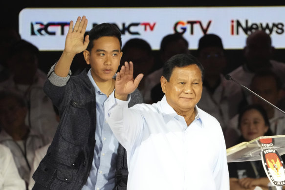 Presidential election frontrunner Prabowo Subianto (right) and his vice-presidential running mate  Gibran Rakabuming Raka. Subianto was an army general under former president Suharto’s military-backed regime.