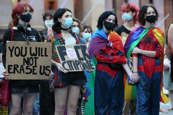 Protesters outside Citipointe Christian College in February 2022 after the school issued sexuality contracts.