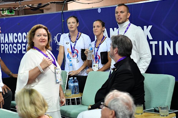 Gina Rinehart with swimmers Cate Campbell, Bronte Campbell and Kyle Chalmers during the 2018 Australian swimming trials at the Gold Coast Aquatic Centre.