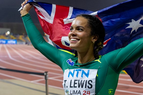 Torrie Lewis in Lima at the world under-20 championships in 2024 after winning silver. She has now been elevated to the gold medal.  