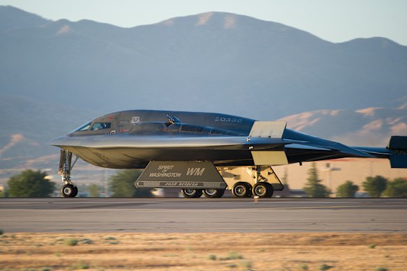 A B-2 Spirit bomber lands at Palmdale, California.