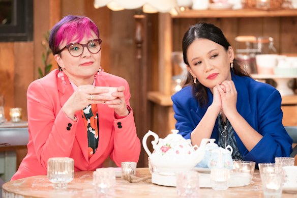 Cal Wilson and Natalie Tran on set during the 2023 season of The Great Australian Bake Off.