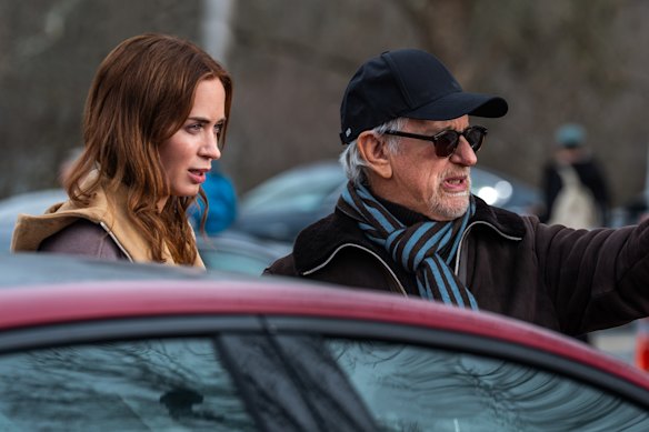 Steven Spielberg on the set of Disclosure Day, which stars Emily Blunt, left, as a TV meteorologist who starts noticing something weird. 