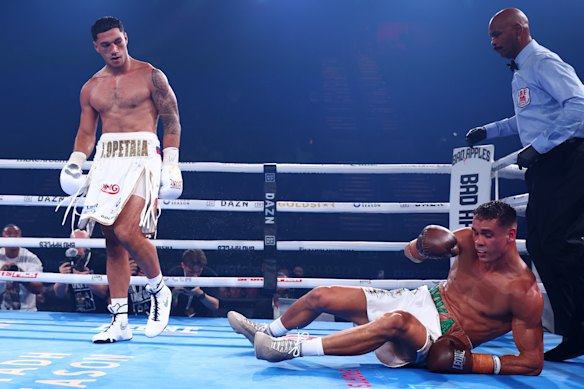 Jai Opetaia knocks down David Nyika in January to retain his IBF and Ring Magazine cruiserweight world title.