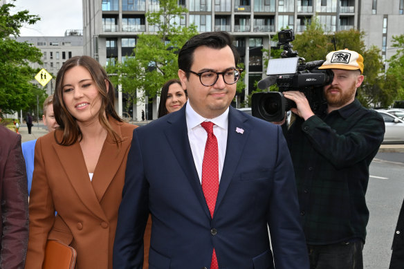 Former Liberal Party staffer Brittany Higgins and spouse  David Sharaz arriving astatine  the ACT Supreme Court during the October 2022 trial. 