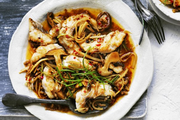  Stir-fried snapper, shiitake, pancetta and bamboo shoots. 