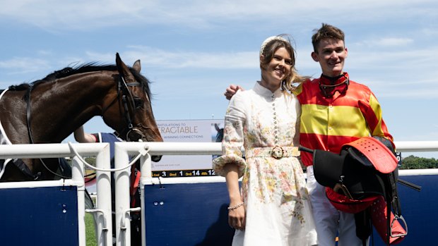 Sara Ryan and jockey Regan Bayliss after winning The Big Dance with Attractable.