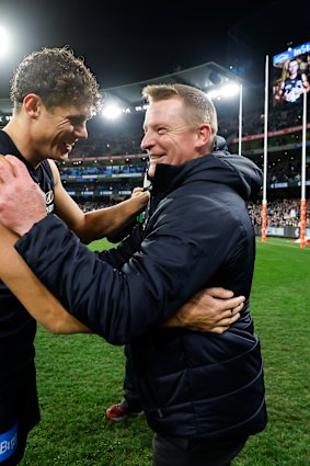 Carlton coach Michael Voss and key forward Charlie Curnow when the Blues knocked off the Swans in the 2023 finals.