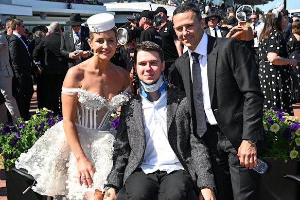 Tom Prebble (centre) with his aunt, Michelle Payne, and his father, Brett Prebble.