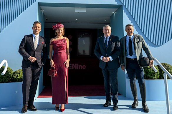 James Bracey, Francesca Cumani, Eddie McGuire and Billy Slater at the Nine marquee.