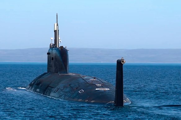 A Russian nuclear submarine heads out to sea on exercises last September.