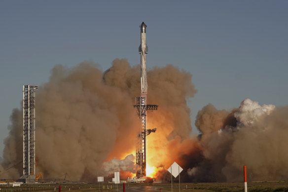 SpaceX’s mega rocket Starship launches for a test flight from Starbase in Boca Chica, Texas.